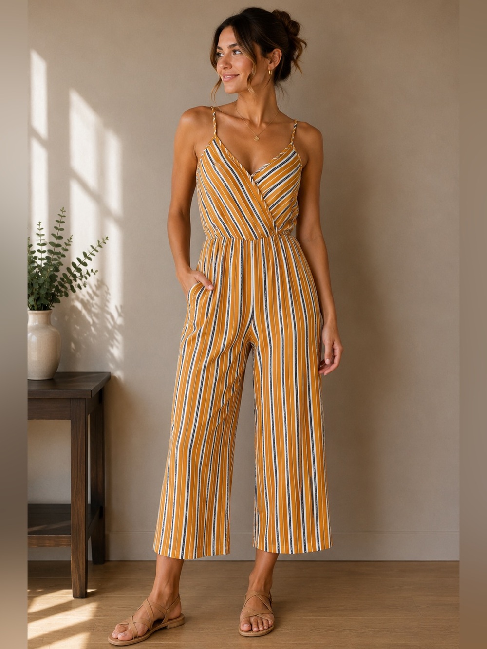 SEE YOU MONDAY Striped Mustard Cropped Wide-Leg Jumpsuit